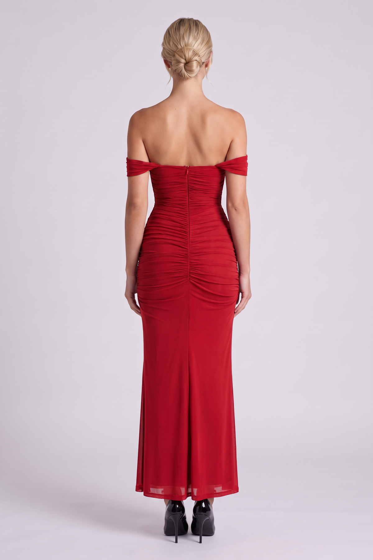 Lucienne Off-Shoulder Ruched Maxi Dress in Red - back view