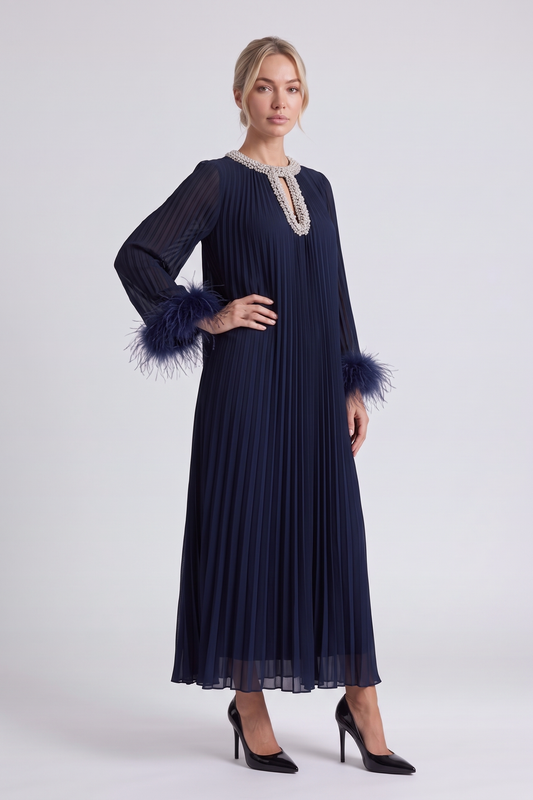 Odessa Feather Dress in Navy Blue - three-quarter view