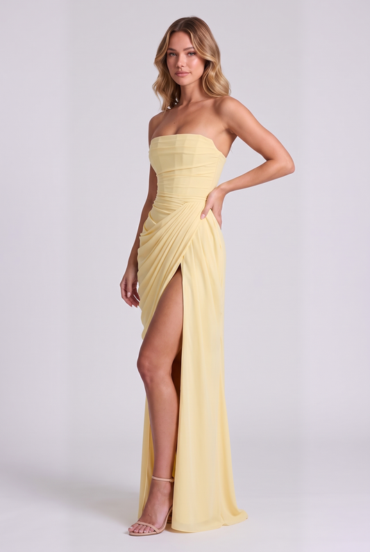 Ophelia Corset Maxi Dress in Lemon - three-quarter view