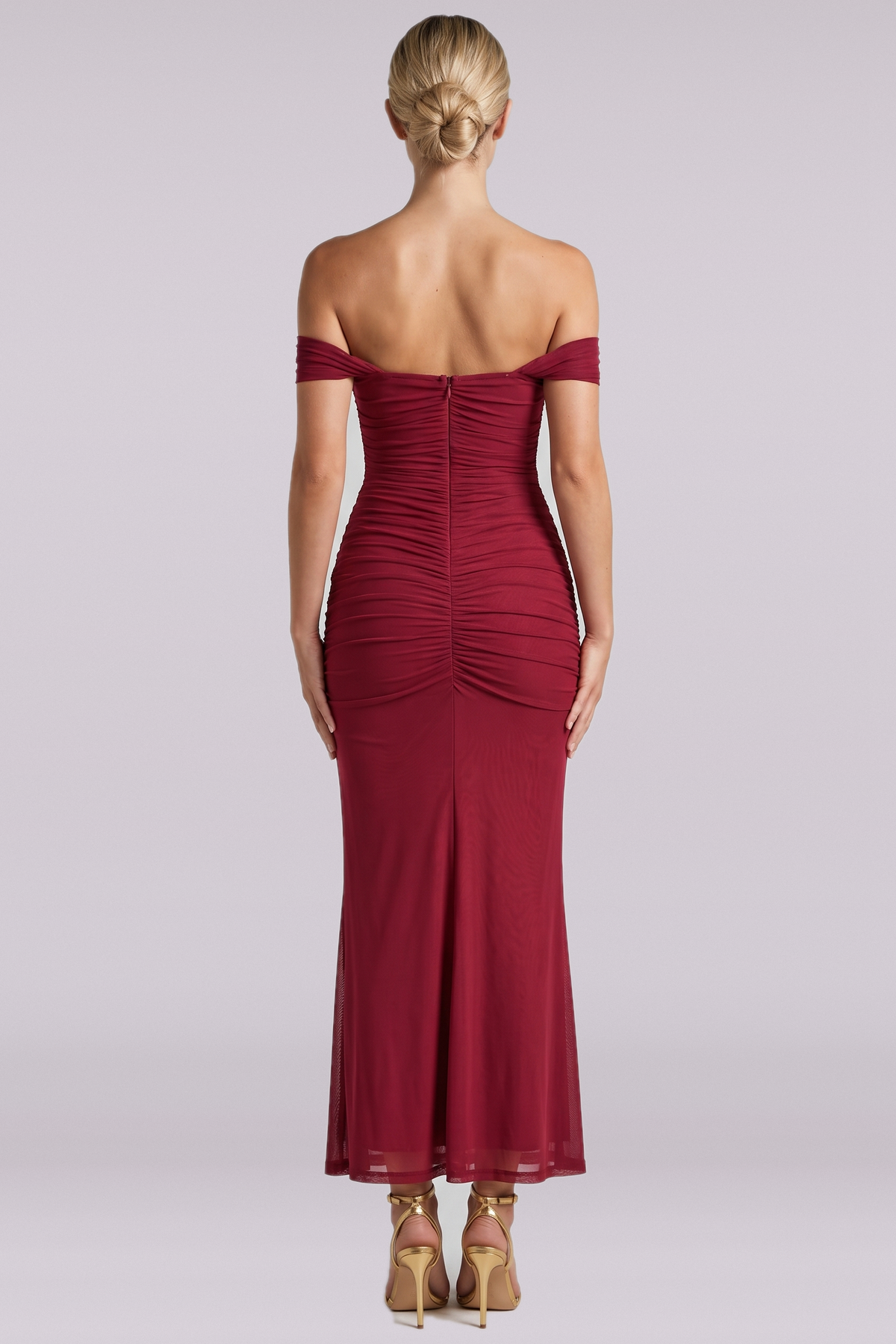 Lucienne Off-Shoulder Ruched Maxi Dress in Wine - back view