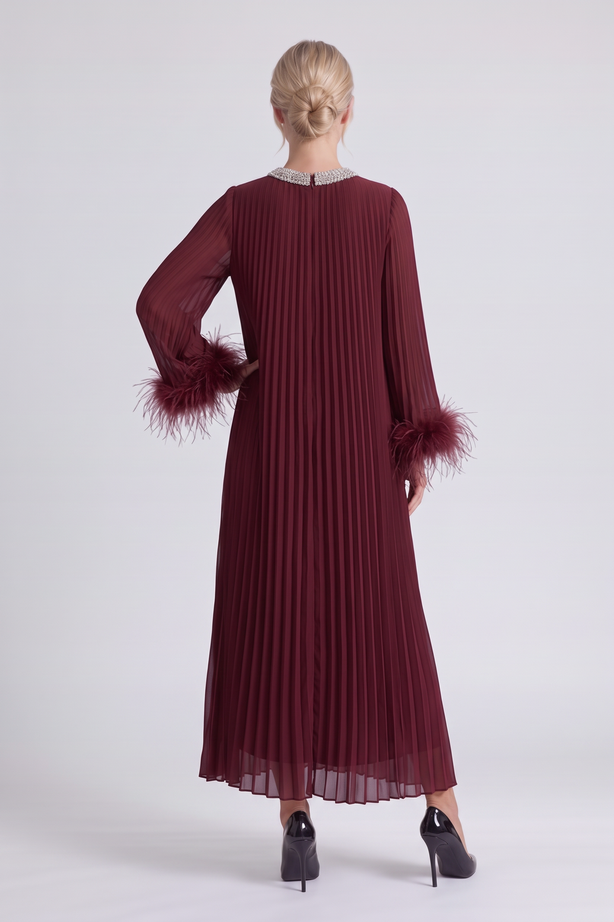 Odessa Feather Dress in Burgundy - back view