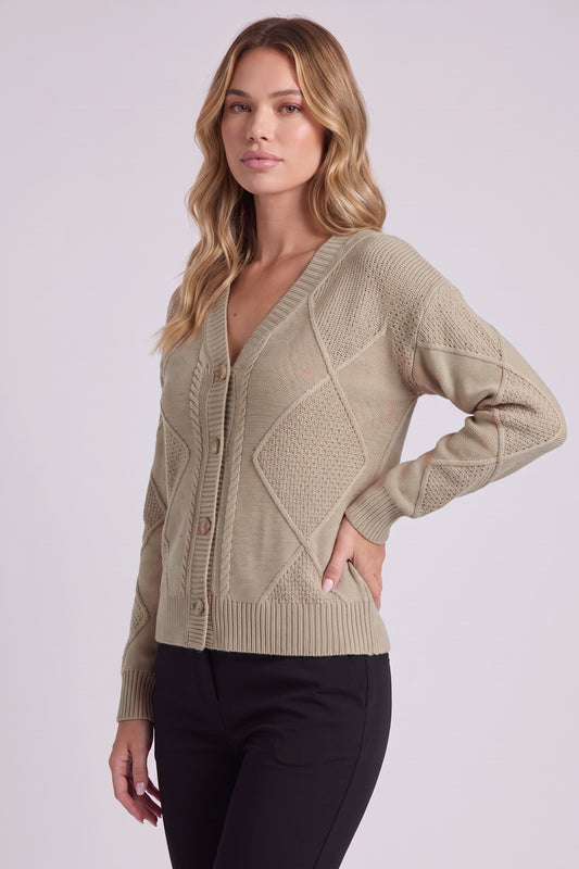 Maren Cable Knit Button Cardigan in Taupe - three-quarter view
