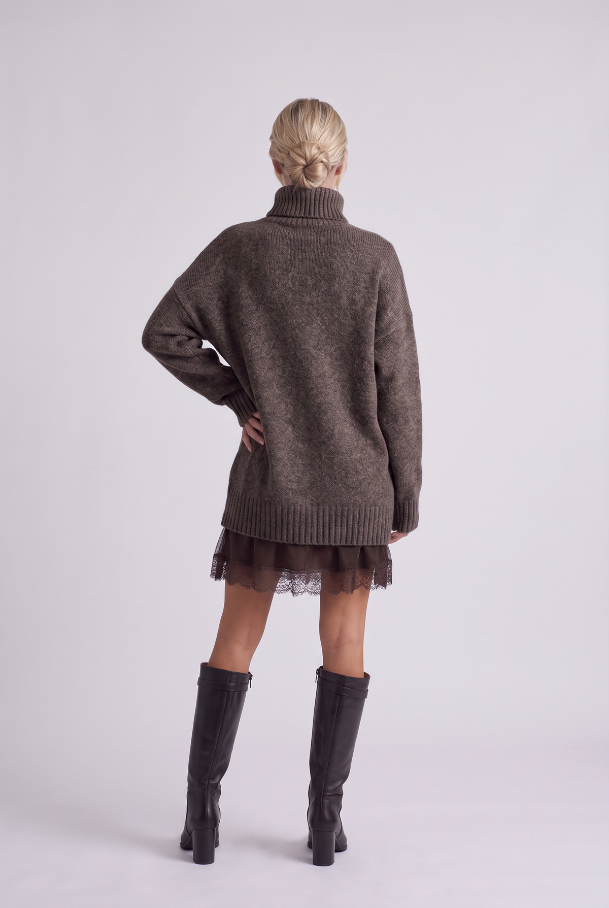Brielle Oversized Turtleneck Sweater in Chocolate Brown, back view