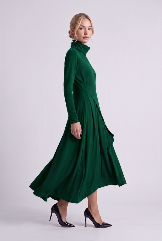 Aurelie Draped Turtleneck Maxi Dress in Green, three-quarter view