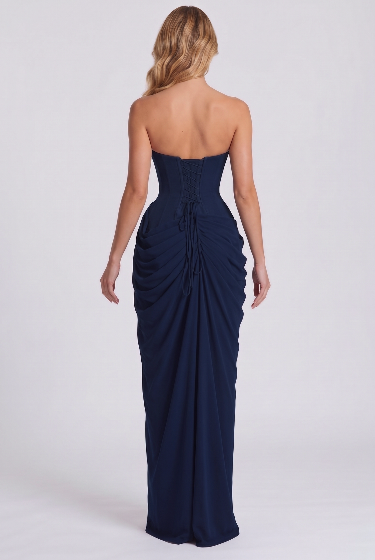 Ophelia Corset Maxi Dress in Navy Blue - back view