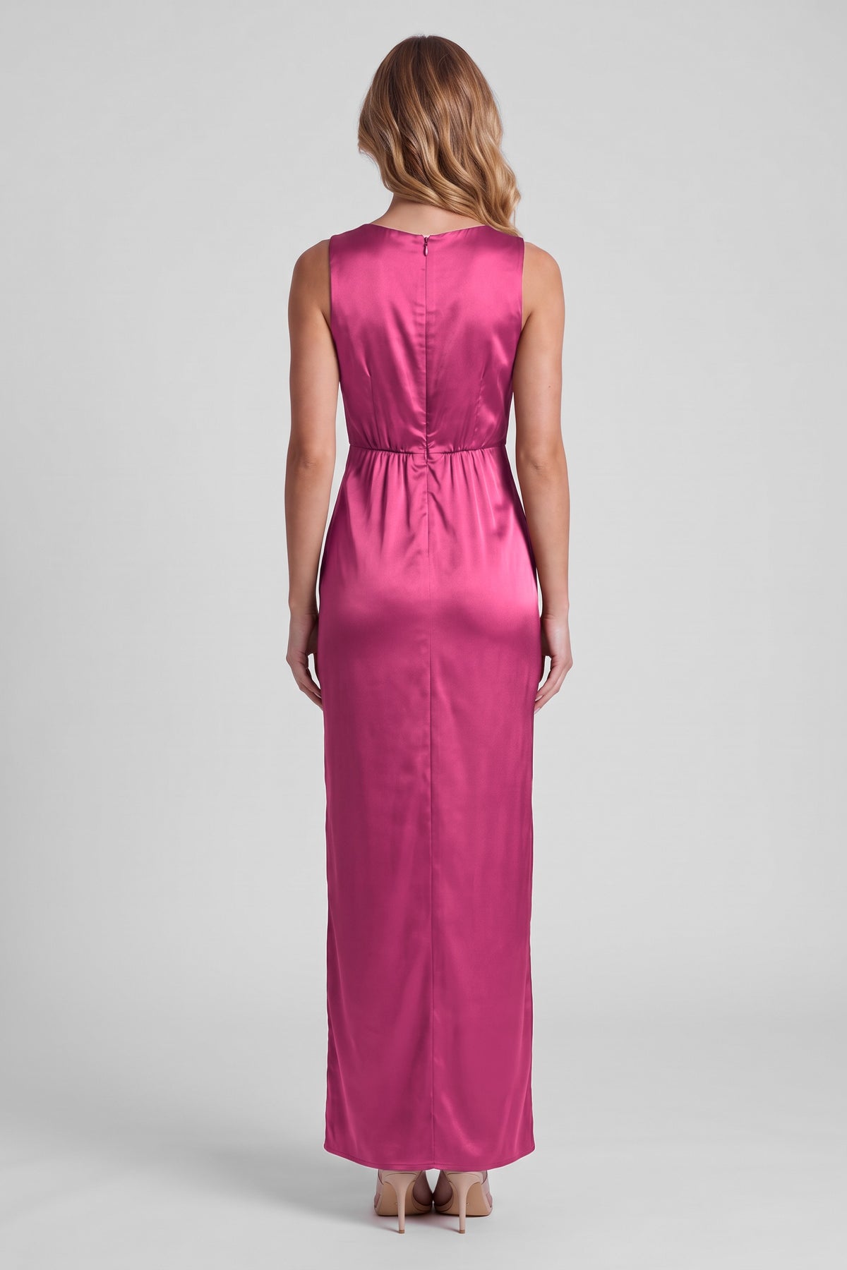 Daphne Satin Twist Maxi Dress - Fuchsia, back view