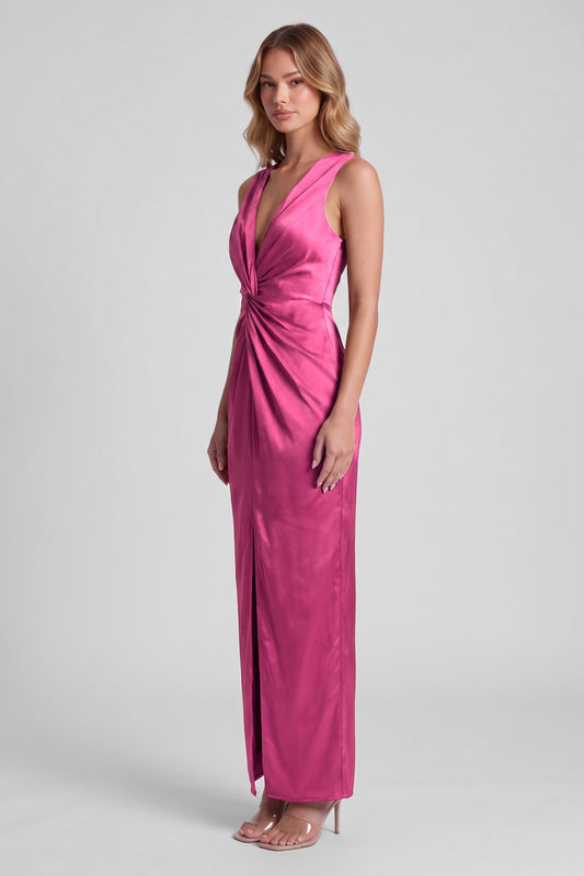 Daphne Satin Twist Maxi Dress - Fuchsia, three-quarter view
