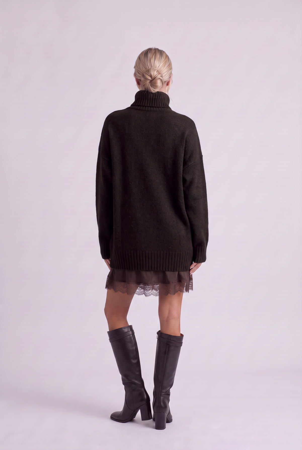 Brielle Oversized Turtleneck Sweater in Dark Brown, back view
