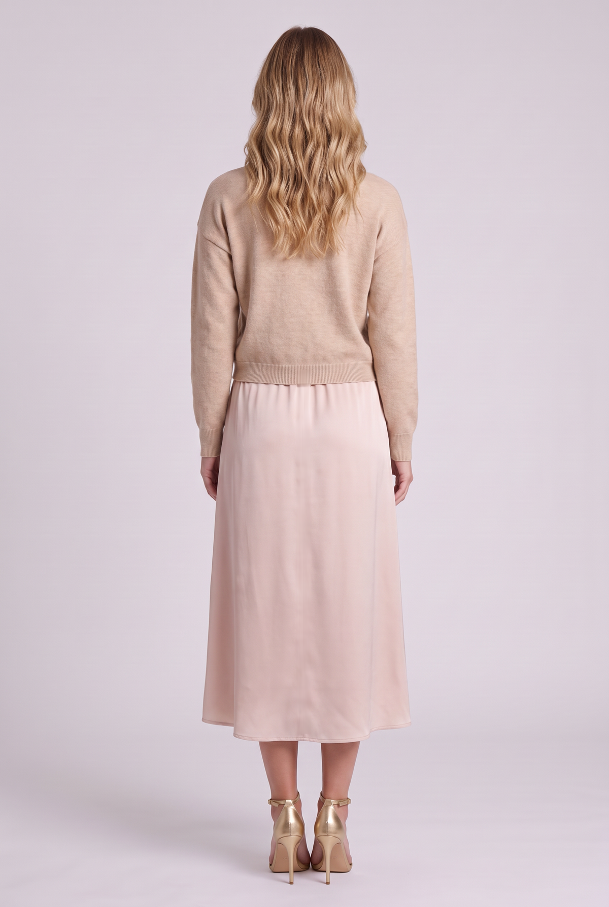 Colette Sweater & Satin Dress Set in Champagne, back view