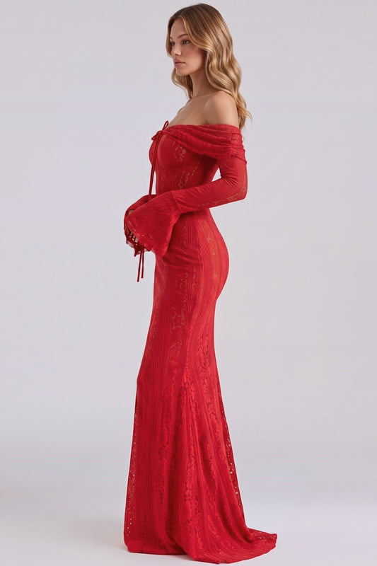 Amara Lace Gown in Red - side view