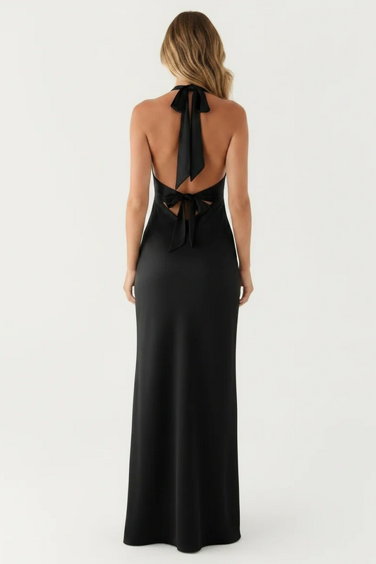 Aveline Halter Gown in Black - back view