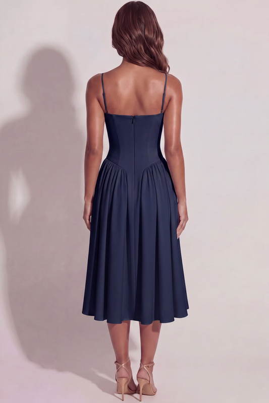 Bianca Sweetheart Bustier Midi Dress in Navy Blue - back view