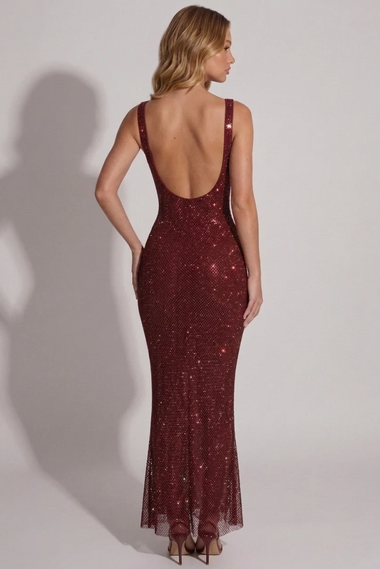 Celestia Rhinestone Gown in Burgundy - back view