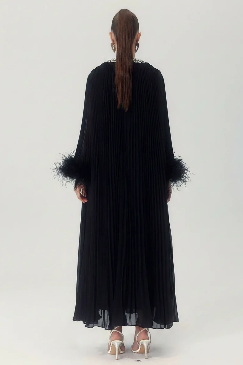 Odessa Feather Dress in Black - back view