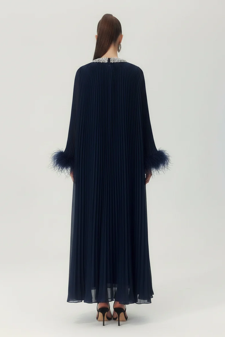Odessa Feather Dress in Navy Blue - back view