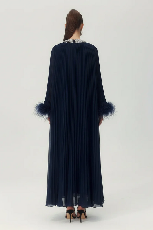 Odessa Feather Dress in Navy Blue - back view