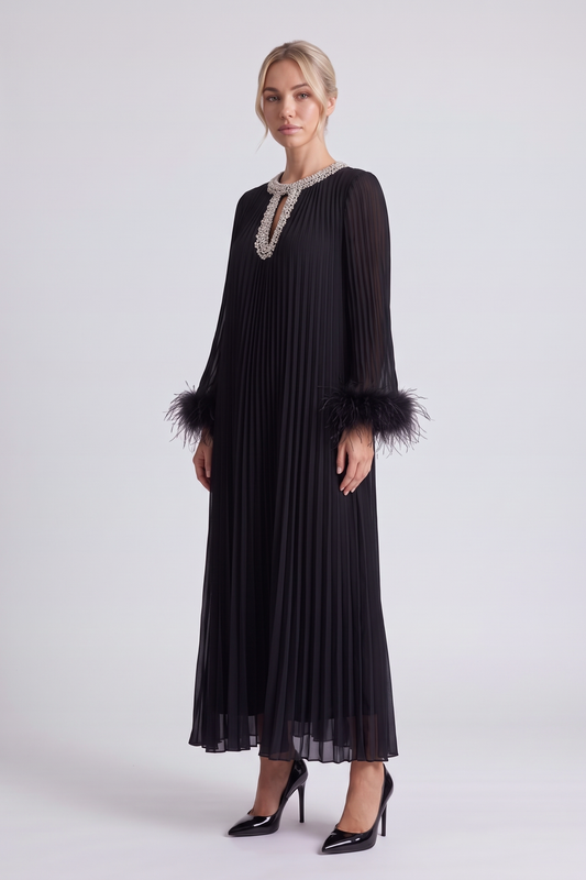 Odessa Feather Dress in Black - three-quarter view