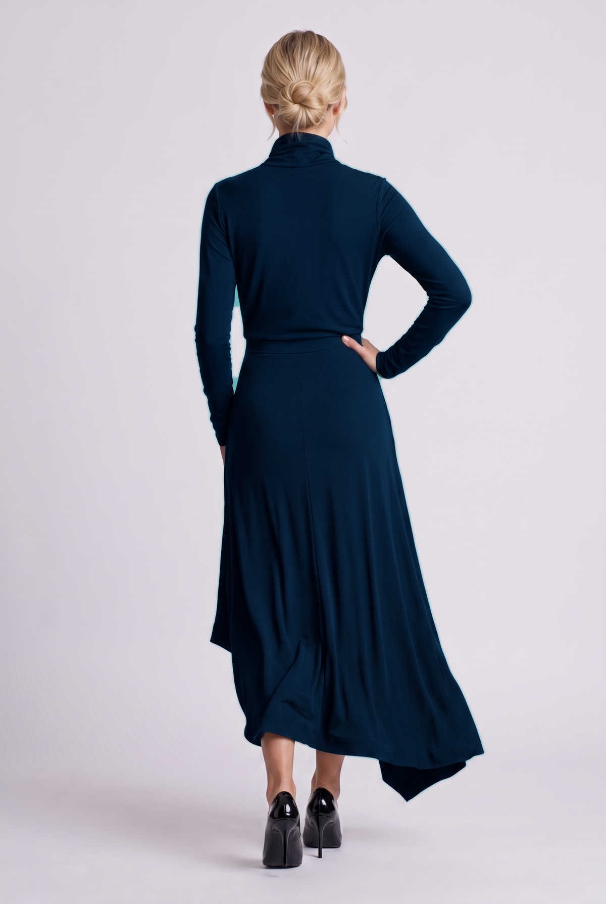 Aurelie Draped Turtleneck Maxi Dress in Navy, back view