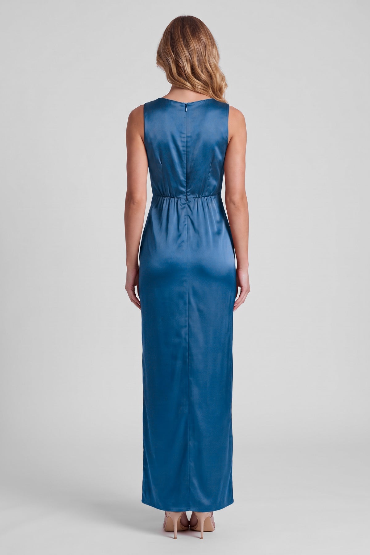 Daphne Satin Twist Maxi Dress - Ocean Blue, back view
