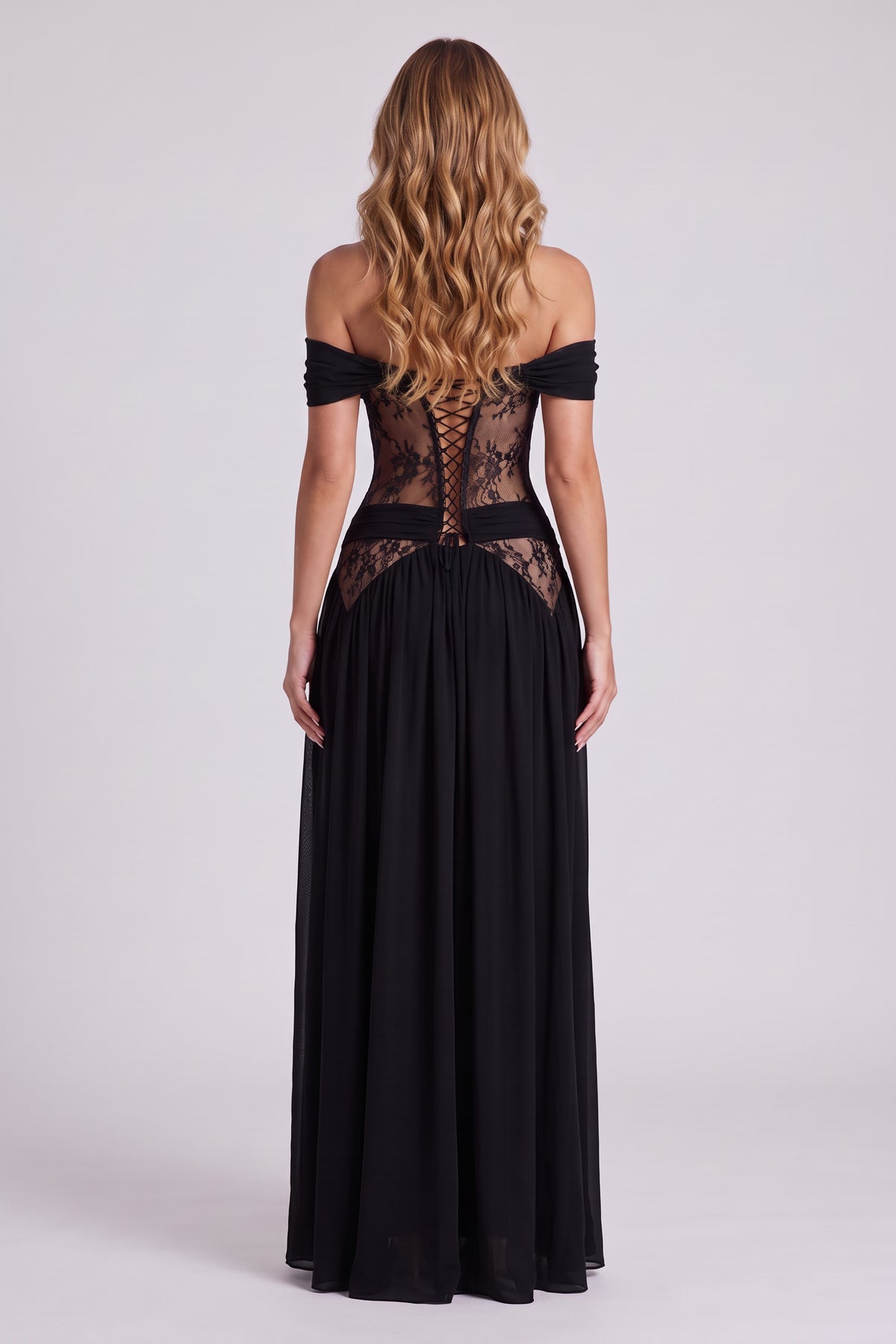 Morgana Lace Corset Maxi Dress in Black - back view