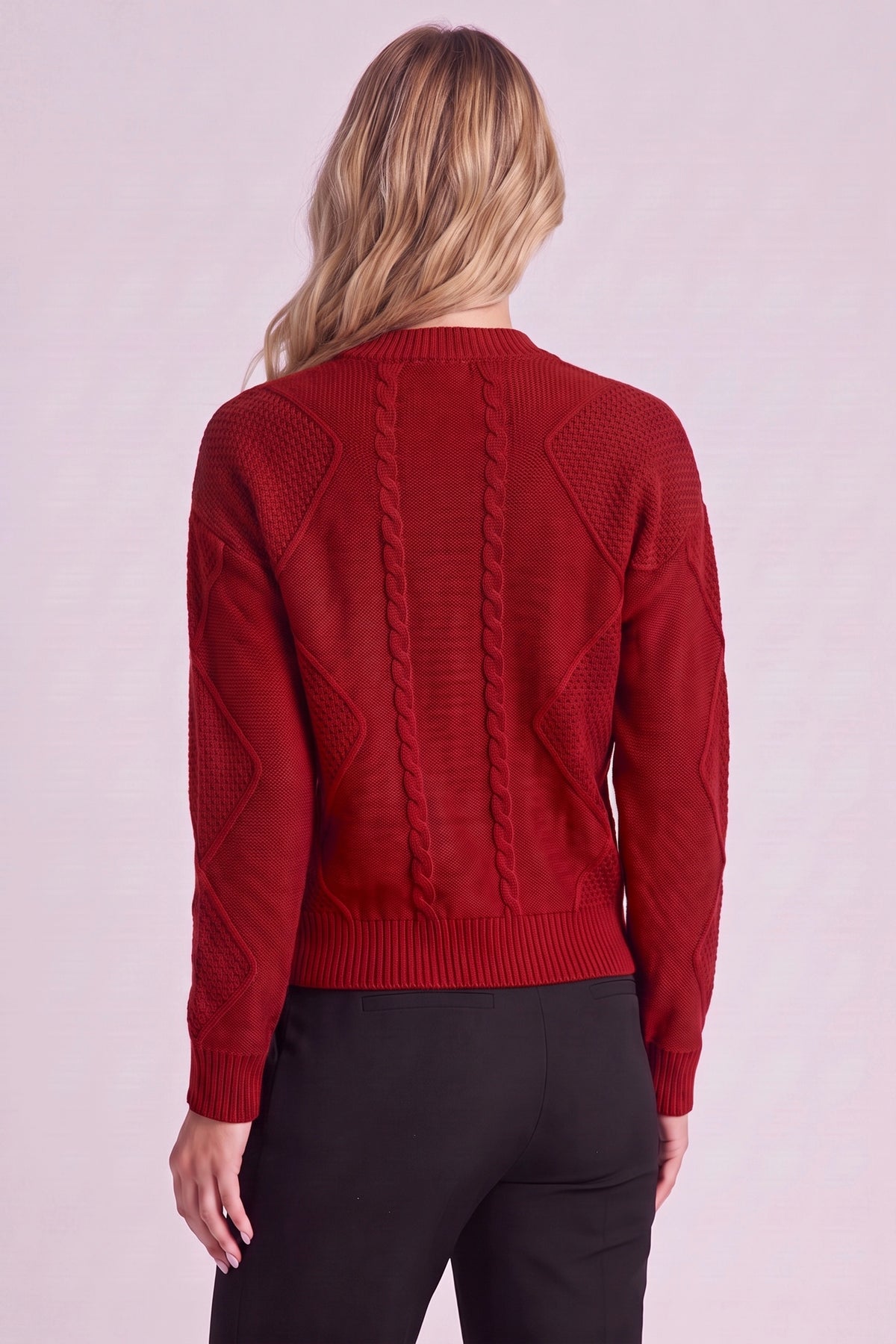 Maren Cable Knit Button Cardigan in Red - back view