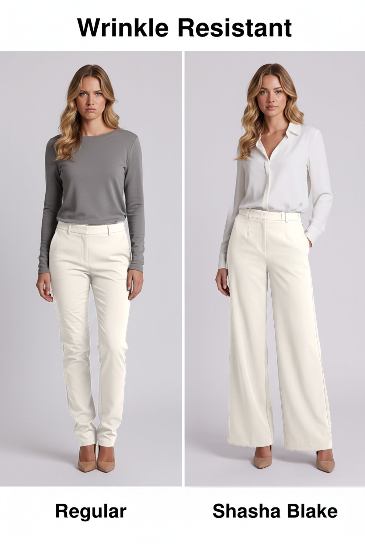 Elise Trousers in White, wrinkle resistant comparison
