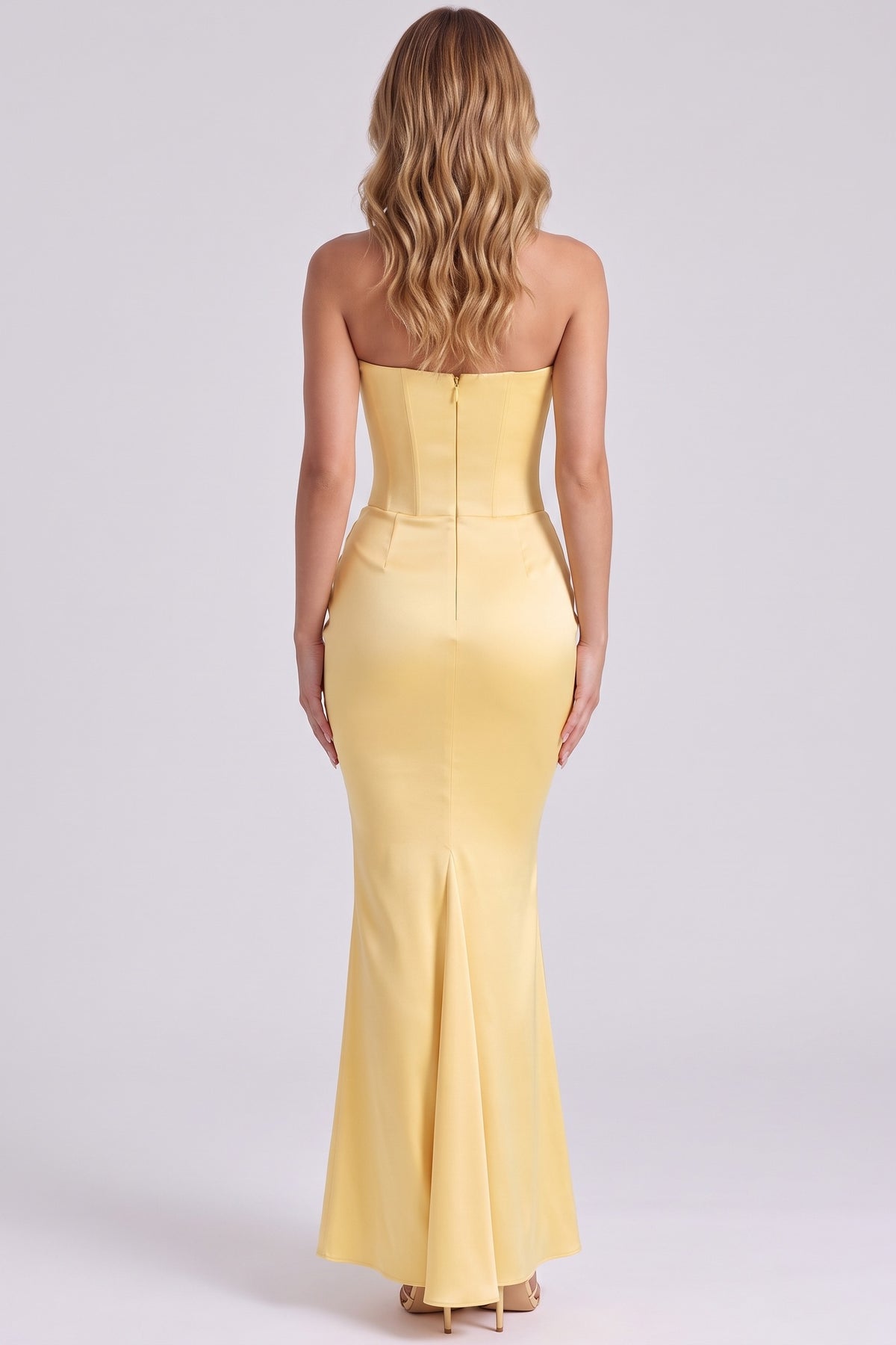 Gisele Satin Gown in Butter Yellow - back view