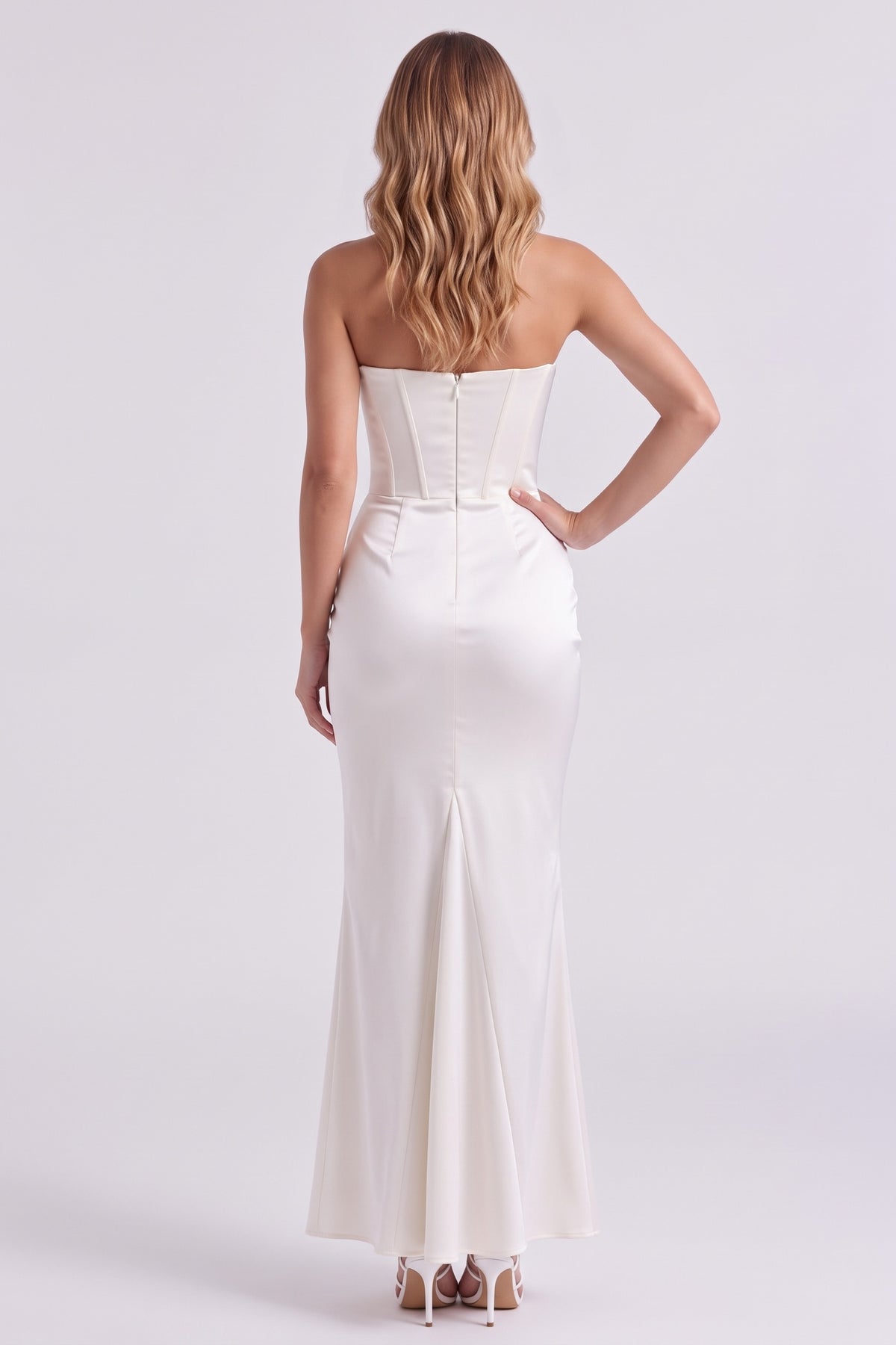 Gisele Satin Gown in White - back view