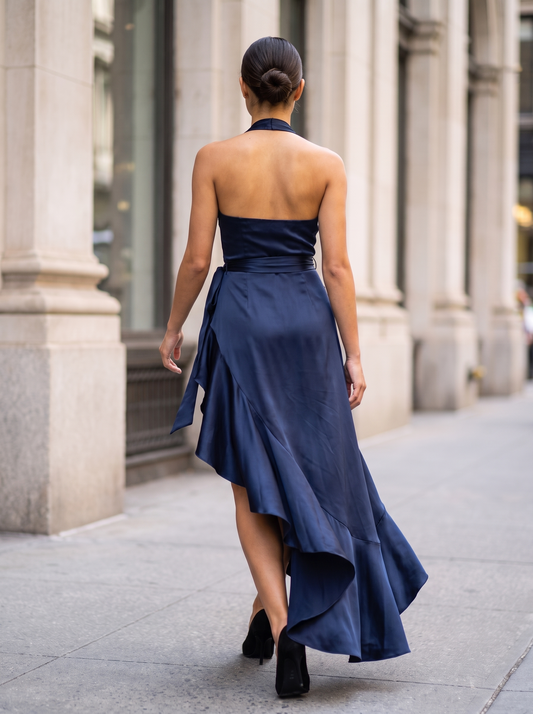 Twilight Elegance Satin Halter Wrap Gown - back view