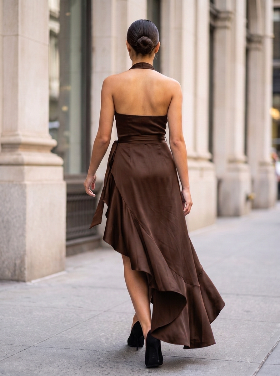 Twilight Elegance Satin Halter Wrap Gown - Brown back view