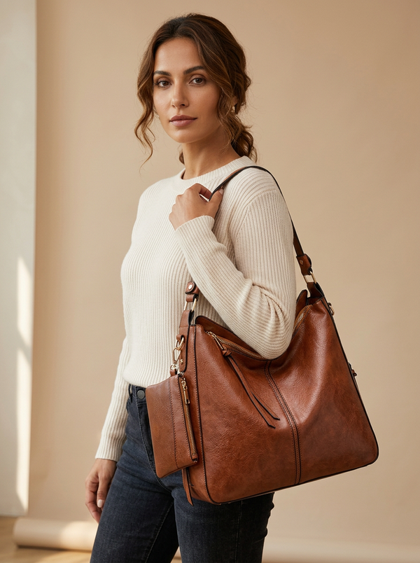 Aria Hobo Bag in Brown - front view