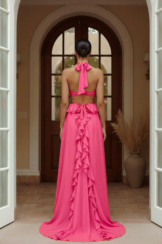 Valentina Rosette Cut-Out Ruffle Maxi Dress in Fuchsia - back view