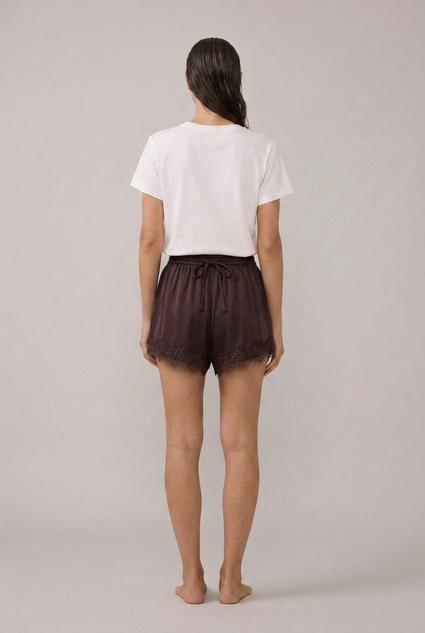 Marlowe Cupro Lace-Trim Drawstring Shorts in Plum Choc, back view