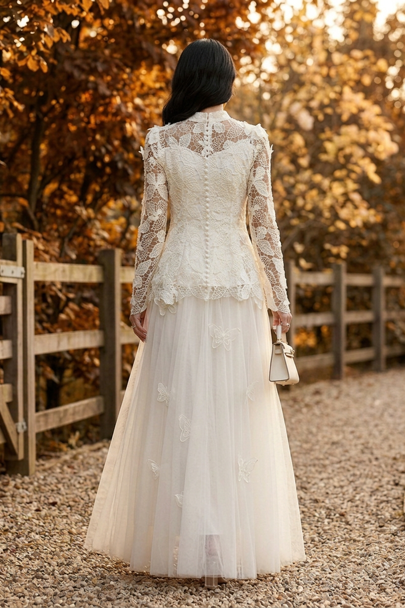 Celestine Butterfly Lace Maxi Dress - White - Back