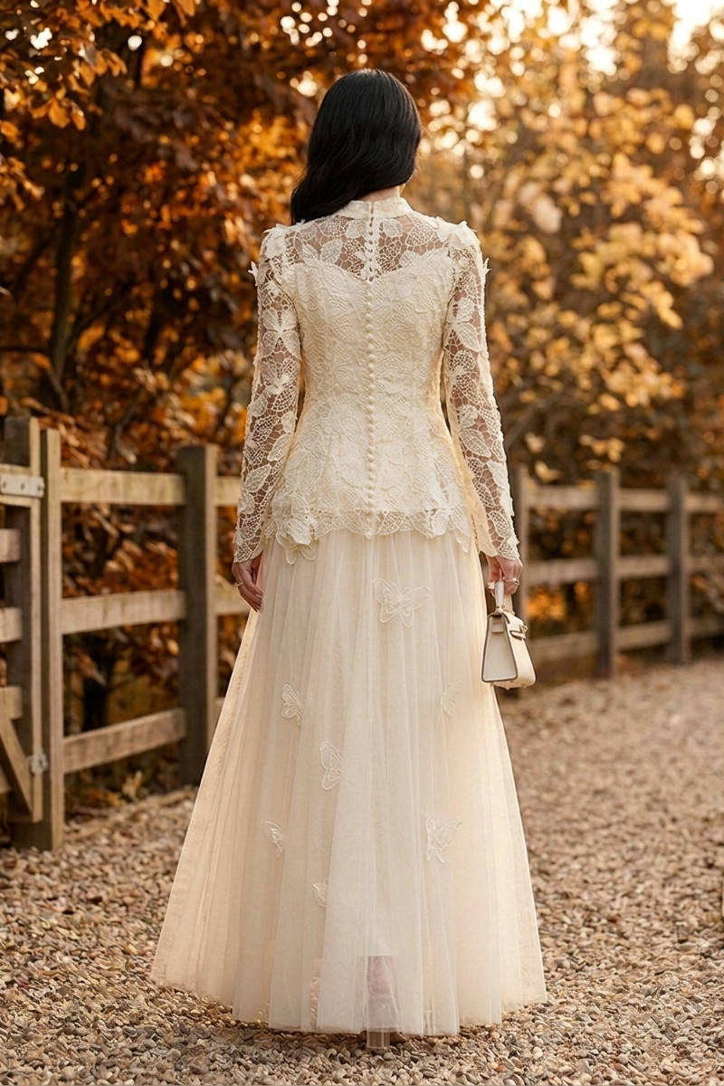 Celestine Butterfly Lace Maxi Dress - Ivory - Back