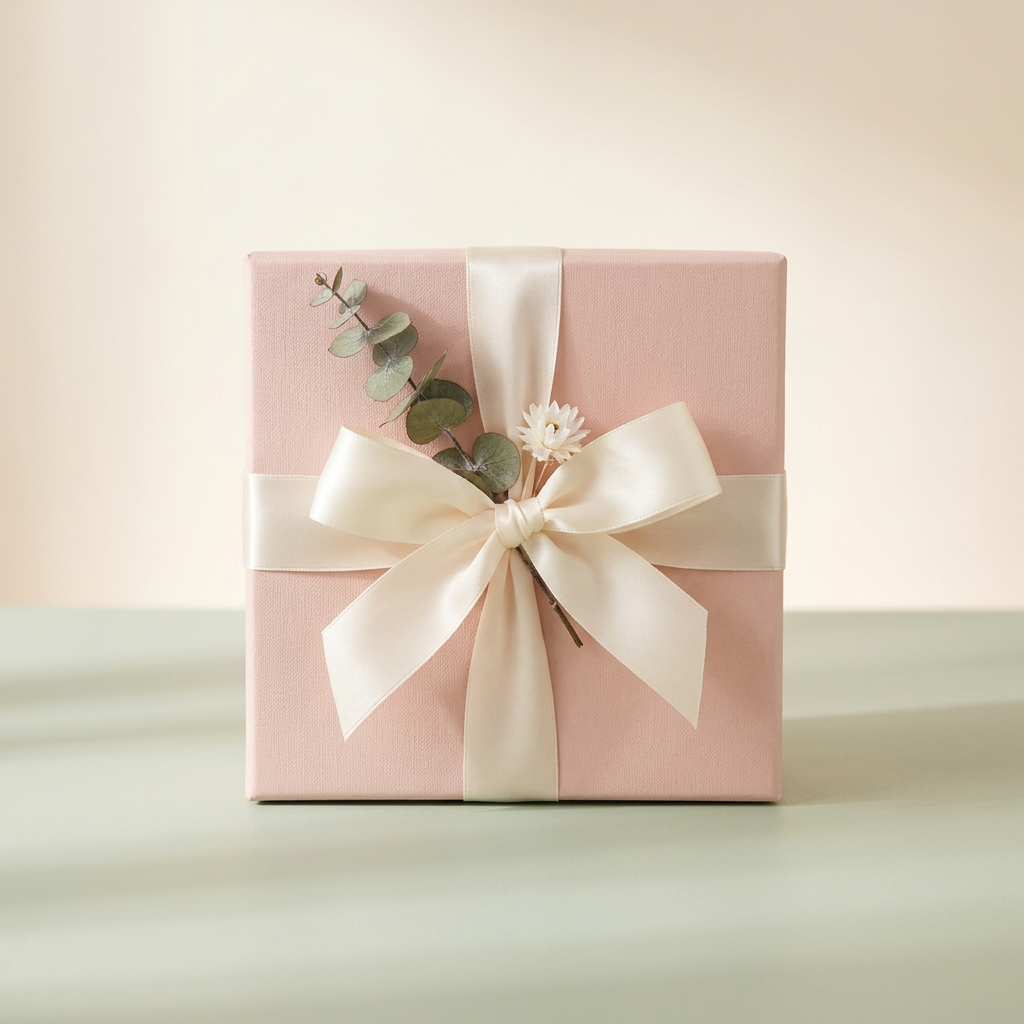 Mystery Gift - wrapped surprise gift box in blush pink with cream ribbon