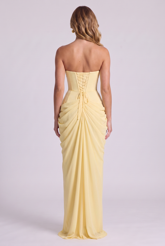 Ophelia Corset Maxi Dress in Lemon - back view showing lace-up corset closure