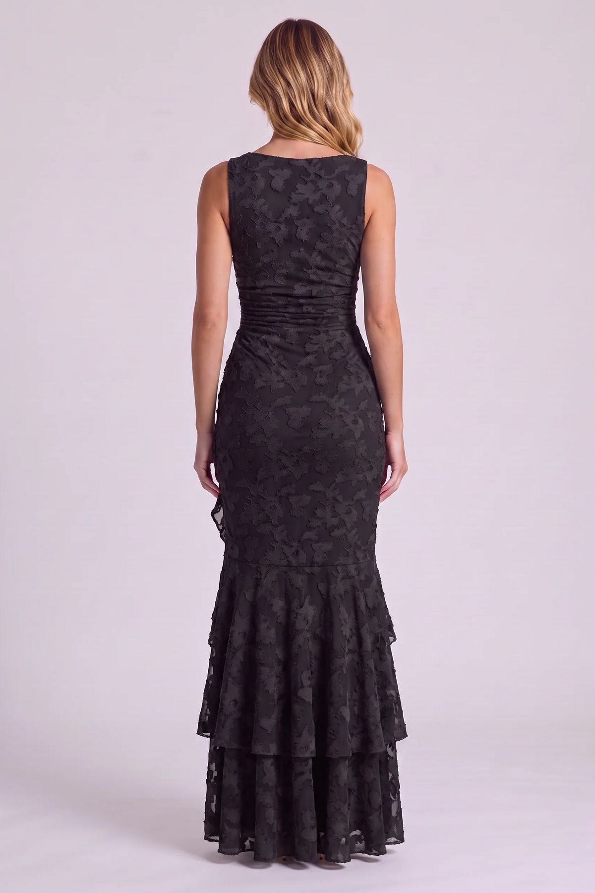 Elowen Floral Ruffle Mermaid Dress in Black - back view