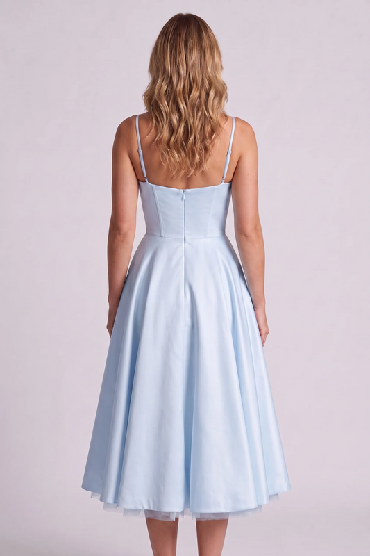 Elodie Sweetheart Tulle Midi Dress in Sky Blue - back view