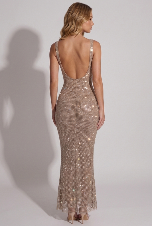 Celestia Rhinestone Gown Gold back