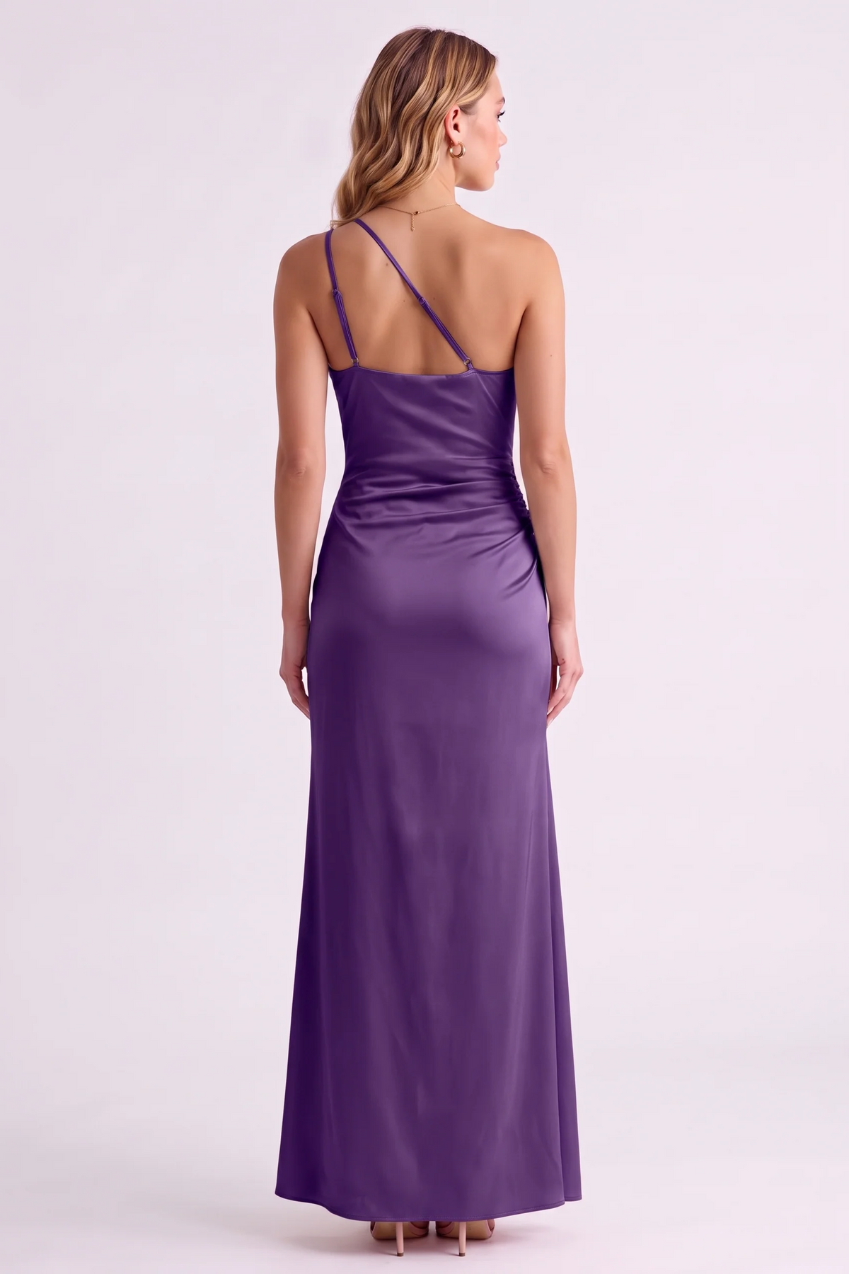 Serena One-Shoulder Satin Gown in Purple - back view