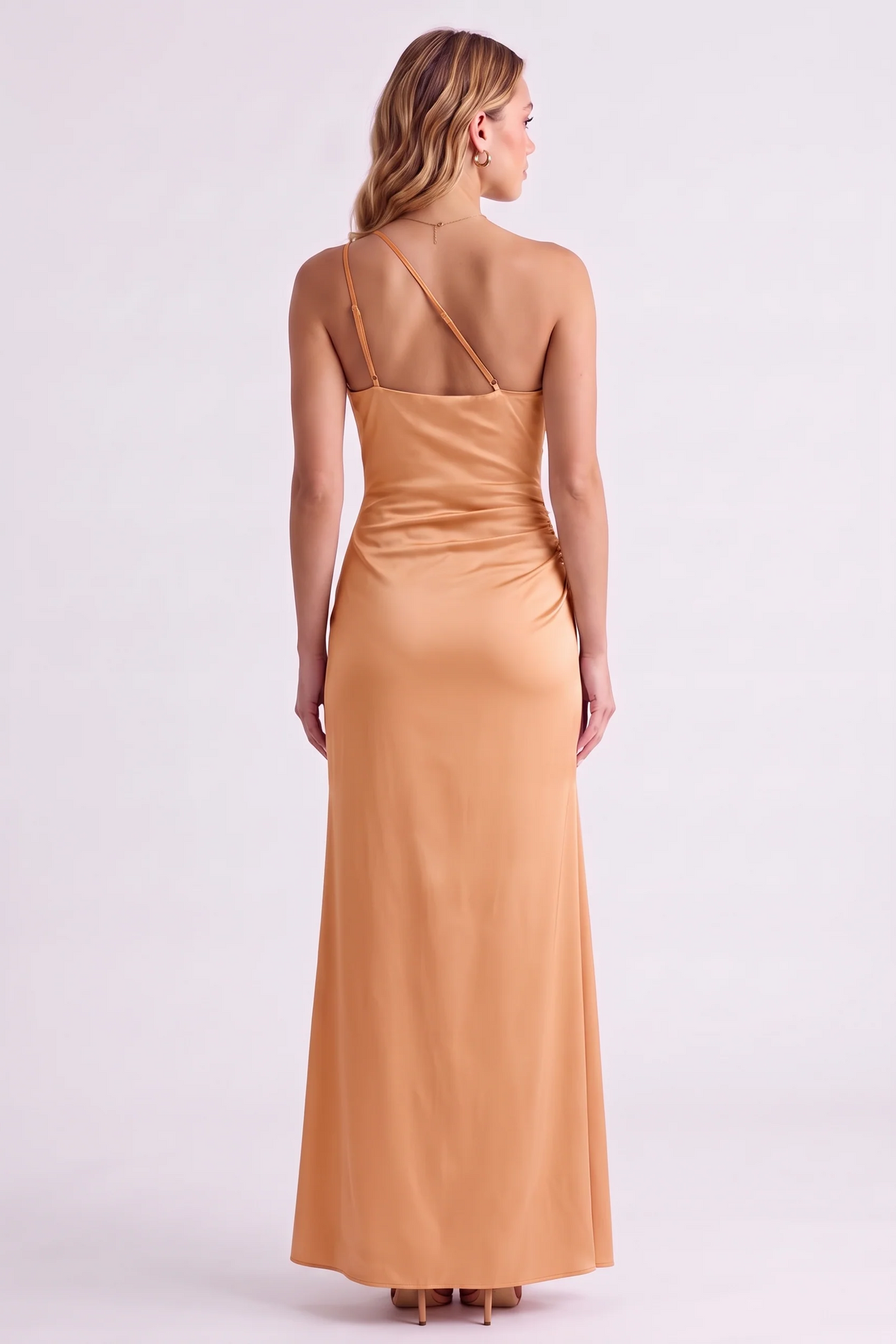 Serena One-Shoulder Satin Gown in Apricot - back view