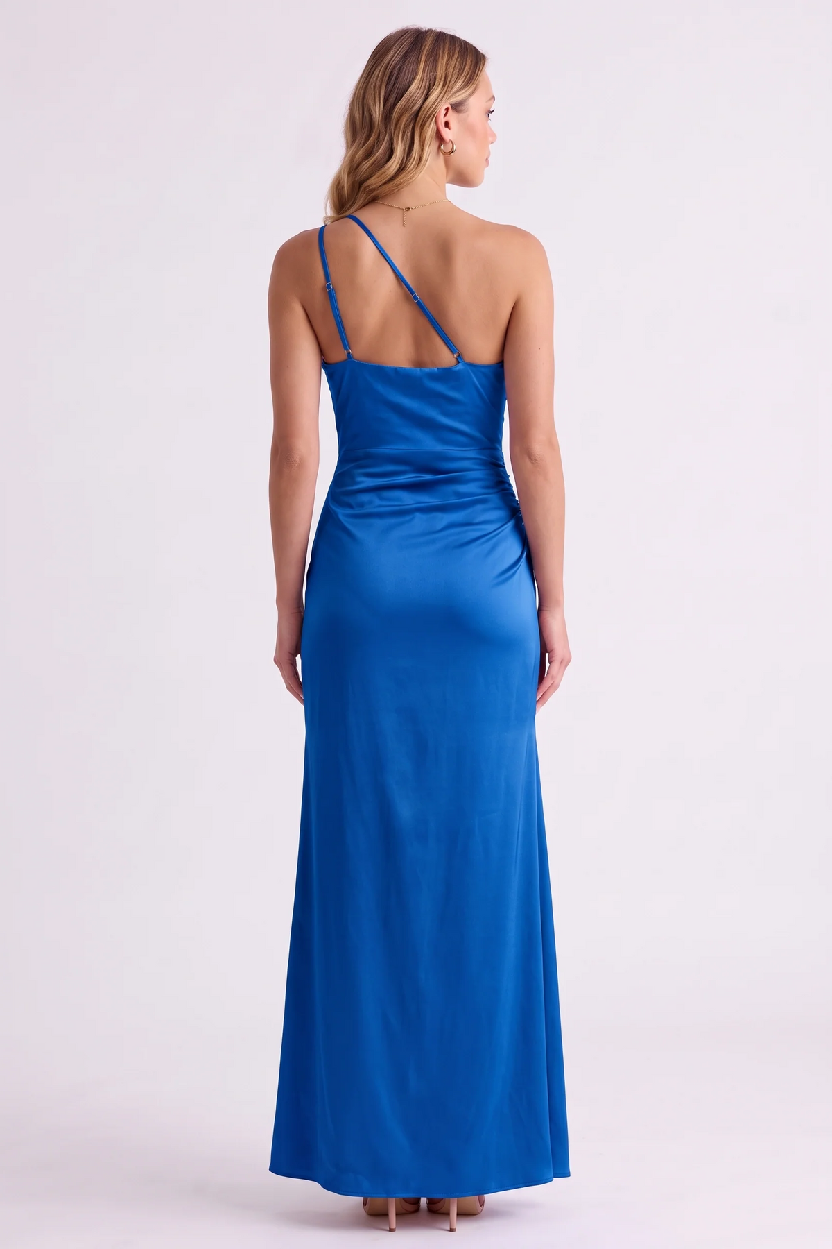 Serena One-Shoulder Satin Gown in Blue - back view
