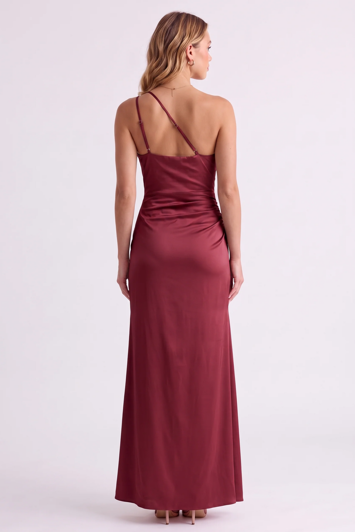 Serena One-Shoulder Satin Gown in Wine Red - back view
