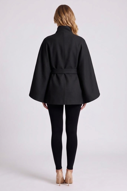 Solene Belted Cape - Black - back view