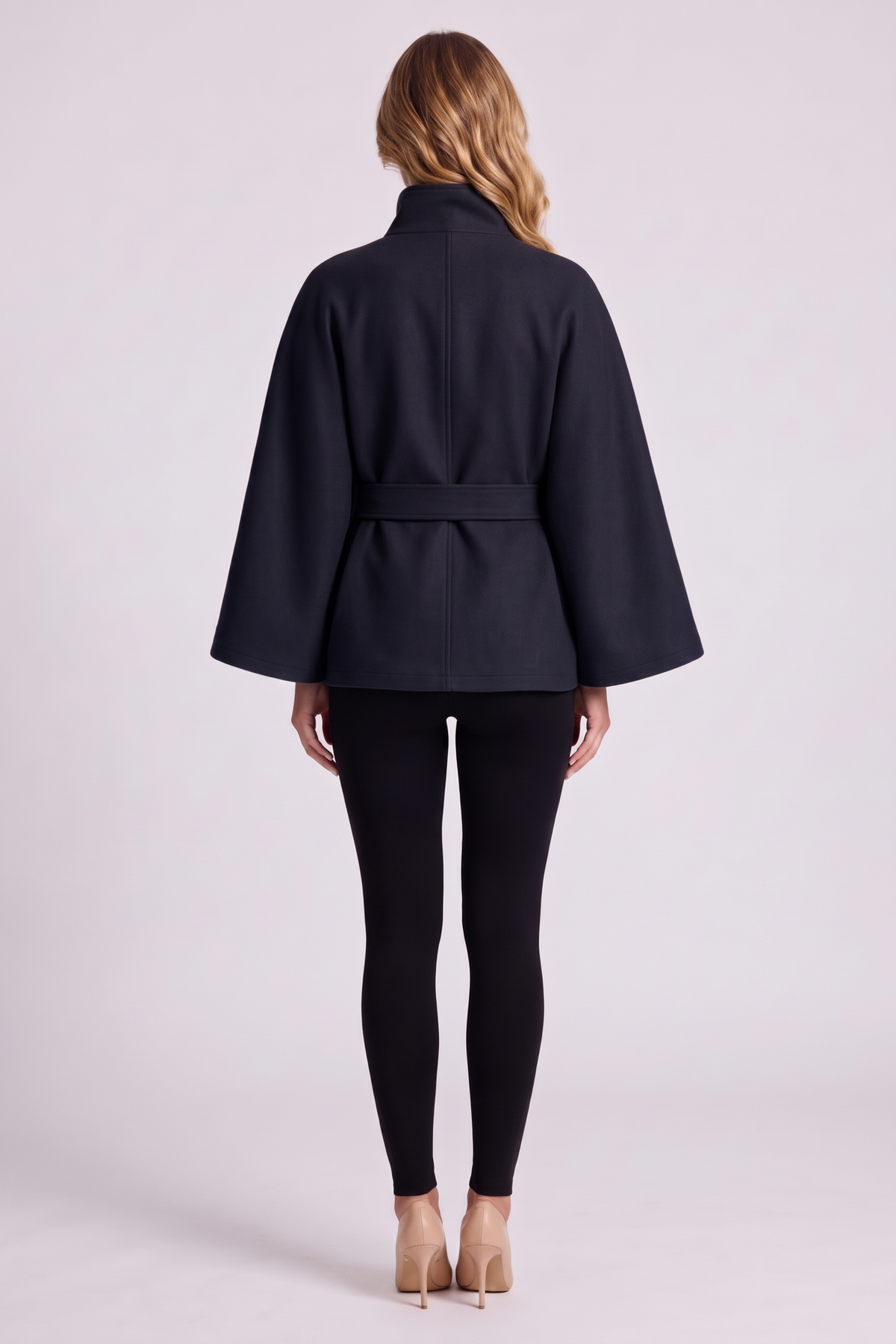 Solene Belted Cape in Navy Blue - back view