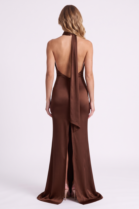 Aurelia Column Gown in Brown, back view with knee-high slit