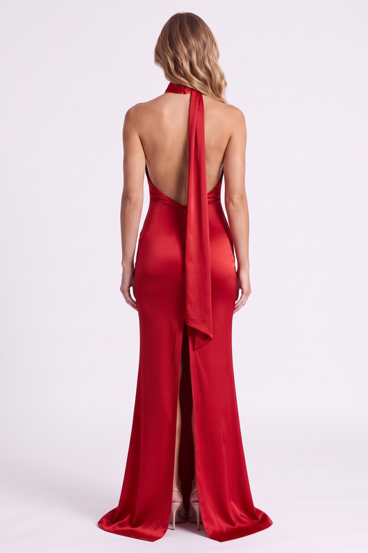 Aurelia Column Gown in Red, back view with knee-high slit