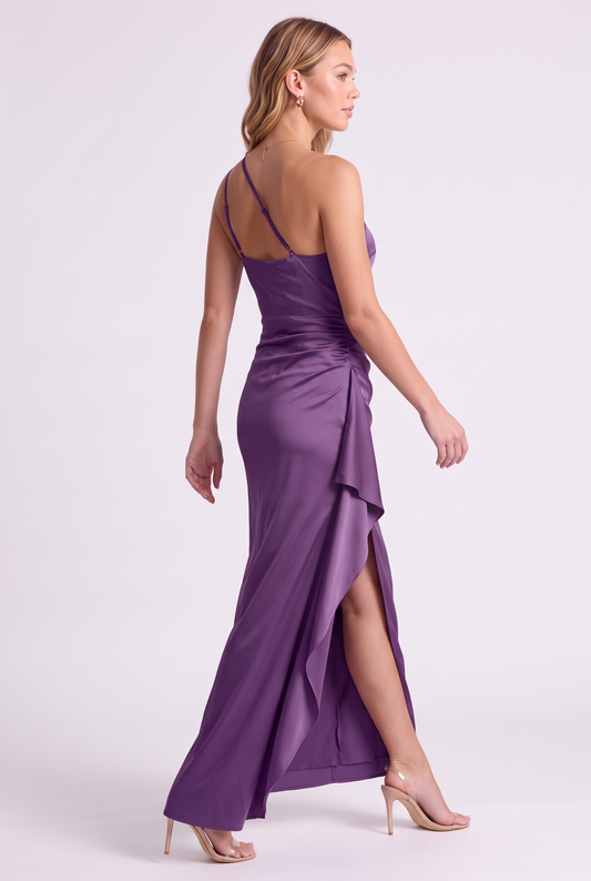 Serena One-Shoulder Satin Gown in Purple - three-quarter view