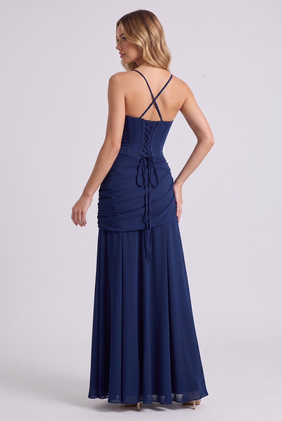 Annabelle Ruched Drape Maxi Dress in Navy - back view